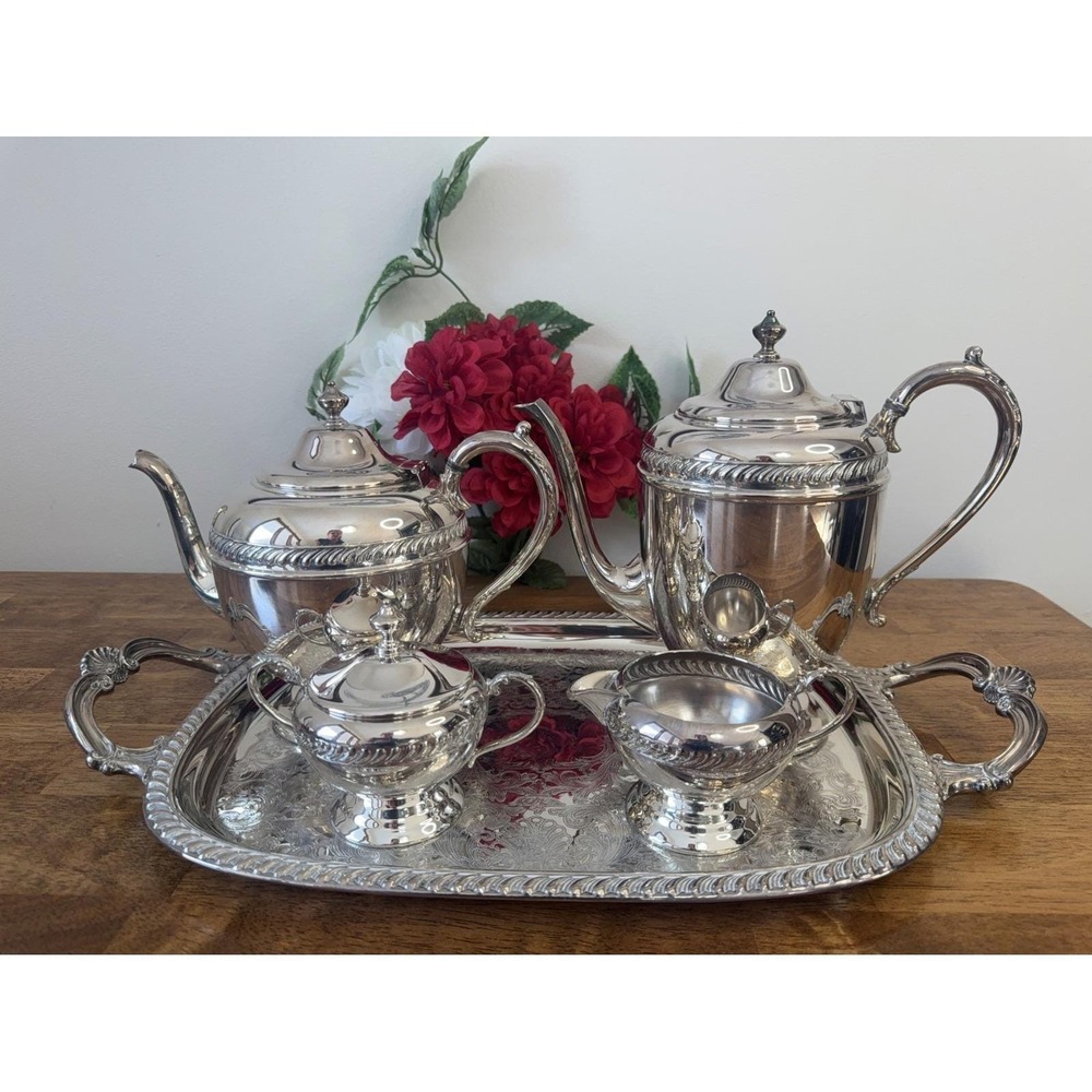 Victorian Style EP Brass Tea Coffee Service Set‎ Tray Canada Silver Plate Ornate